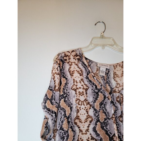 Carmen Marc Valvo Womens M Blouse Short Sleeve V Neck Snake Skin Gray Brown - Picture 3 of 5